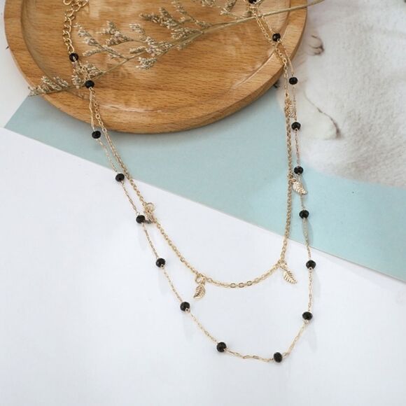 Double layered necklace Feathers and black beans zinc allow - Picture 7 of 12